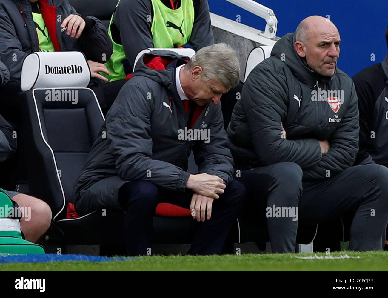 Soccer Football - Premier League - Brighton & Hove Albion vs Arsenal - The American Express Community Stadium, Brighton, Britain - March 4, 2018   Arsenal manager Arsene Wenger and assistant manager Steve Bould look dejected    REUTERS/Eddie Keogh    EDITORIAL USE ONLY. No use with unauthorized audio, video, data, fixture lists, club/league logos or 'live' services. Online in-match use limited to 75 images, no video emulation. No use in betting, games or single club/league/player publications.  Please contact your account representative for further details. Stock Photo
