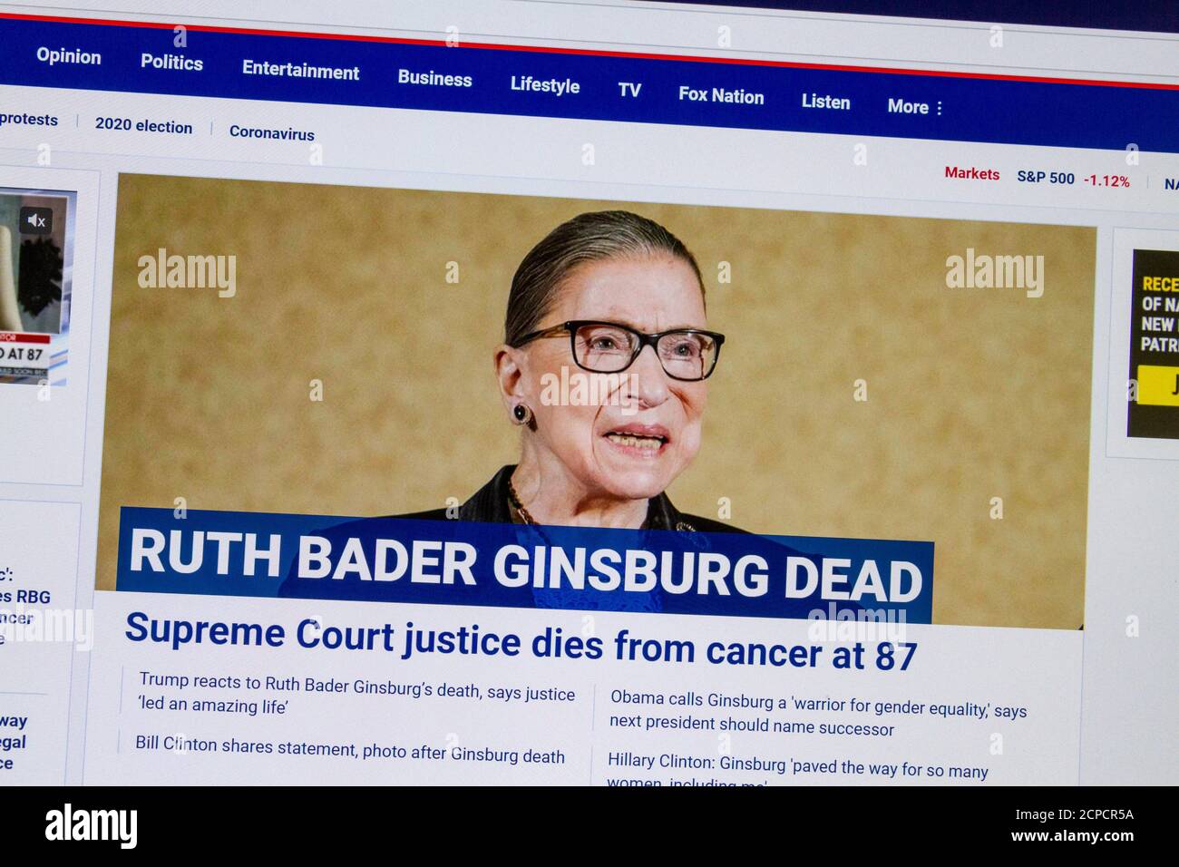 Screenshot of Fox News website announcing the death of Supreme Court Justice Ruth Bader Ginsburg on 18th September 2020. Stock Photo