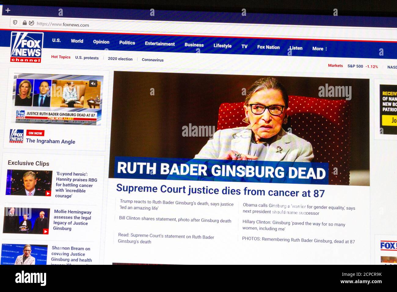 Screenshot of Fox News website announcing the death of Supreme Court Justice Ruth Bader Ginsburg on 18th September 2020. Stock Photo