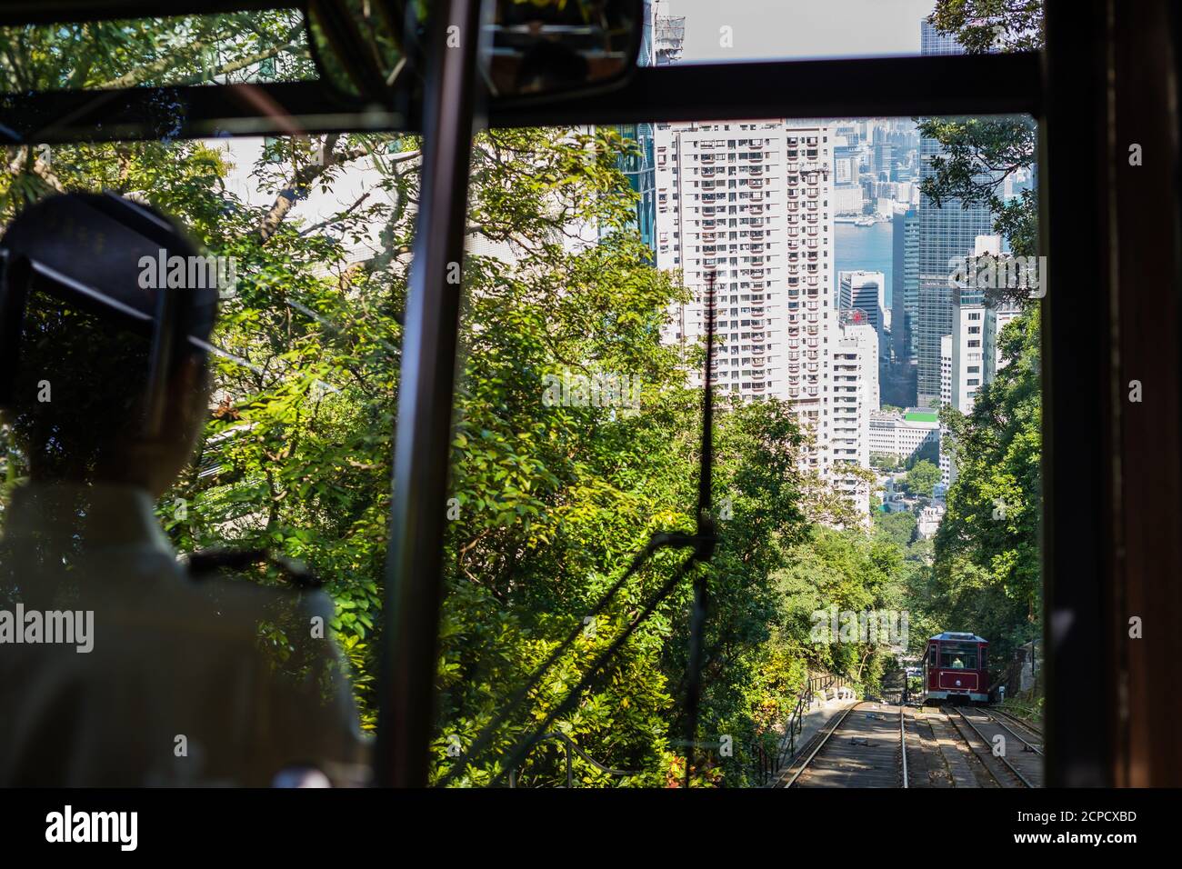 Tram ride from Victoria Peak Hong Kong Stock Photo