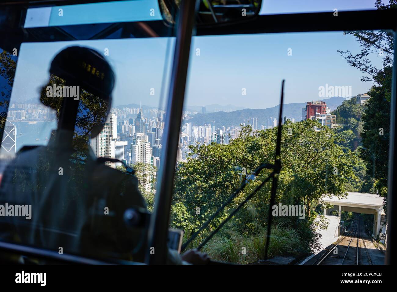 Tram ride from Victoria Peak Hong Kong Stock Photo