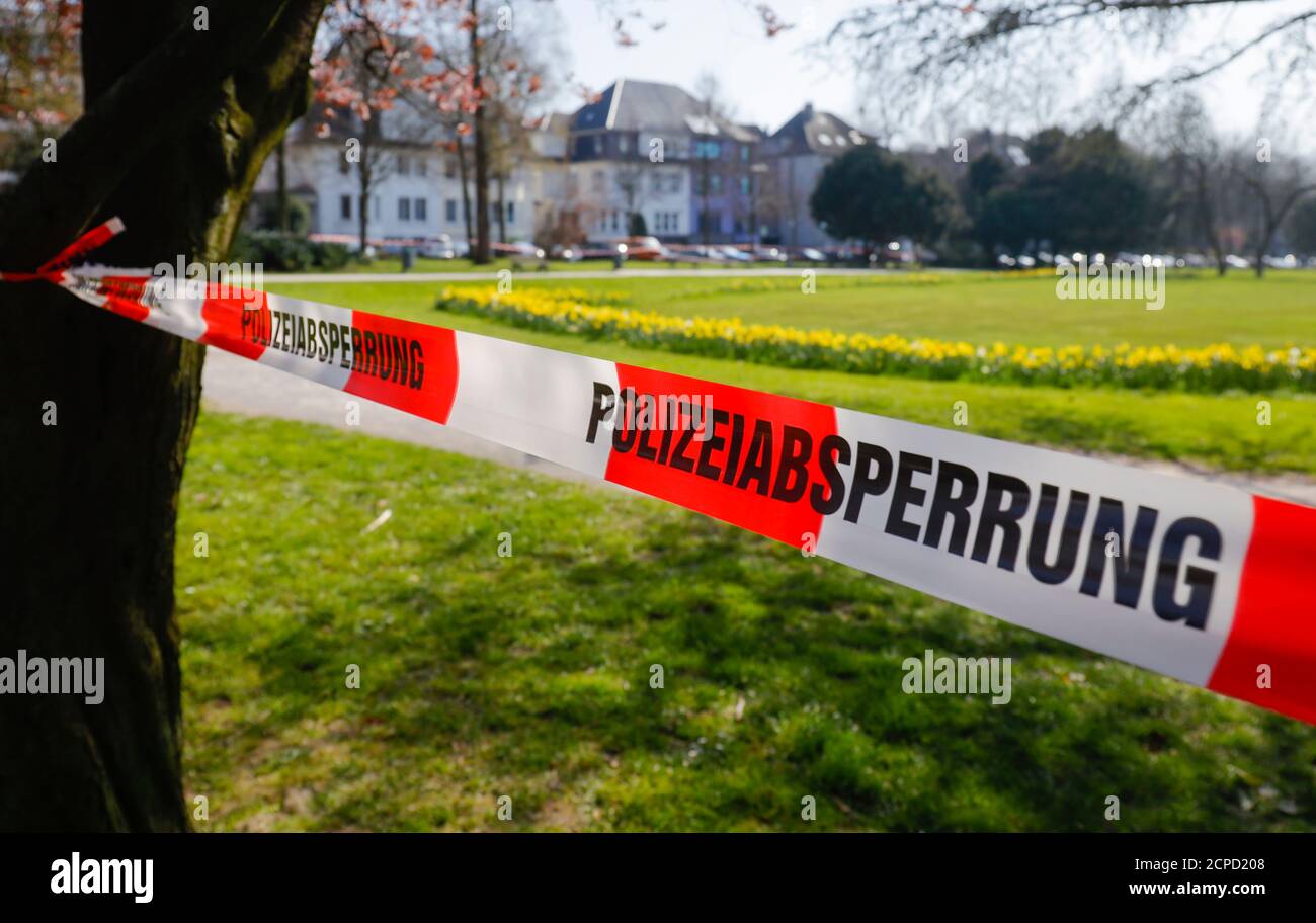 Closed park due to corona pandemic ban on contact, Haumannplatz, Essen, Ruhr area, North Rhine-Westphalia, Germany Stock Photo
