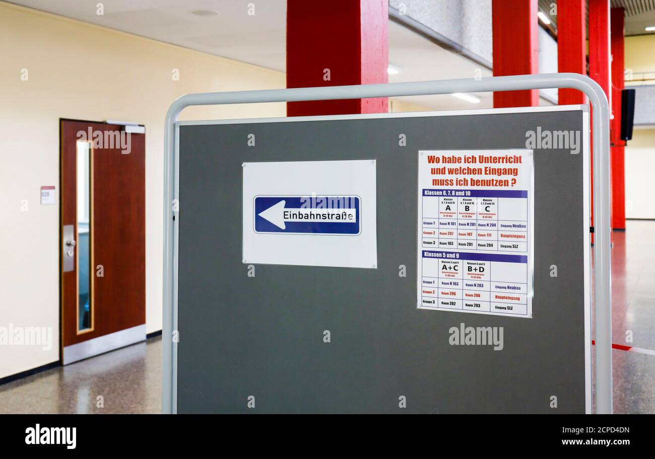 Direction signs, resumption of school operations at the Benzenberg secondary school under the conditions of the Corona Infection Protection, Stock Photo