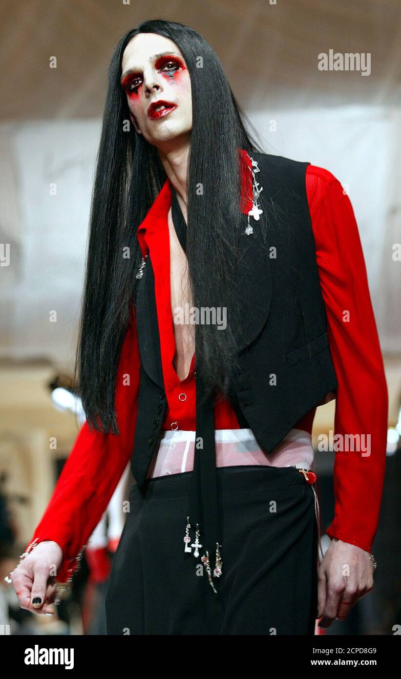 A MODEL PRESENTS FOR FRENCH FASHION DESIGNER JEAN-PAUL GAULTIER'S MENS  SPRING/SUMMER 2003 FASHION COLLECTION IN PARIS. A model presents this  creation inspired by rock group Marilyn Manson as part of French designer