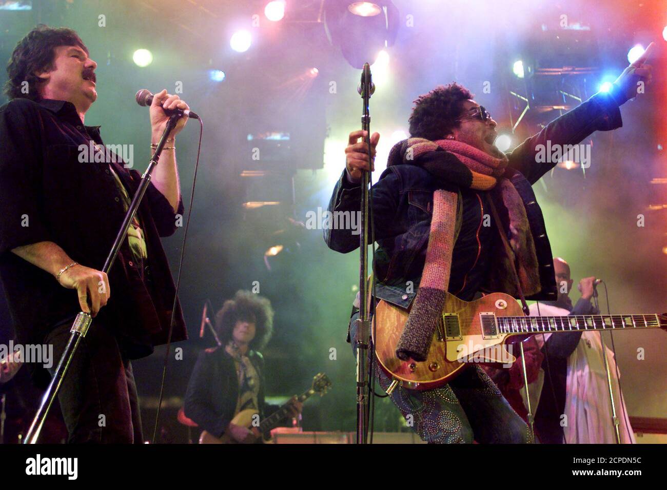 Burton Cummings (L) of The Guess Who and Lenny Kravitz perform the song  