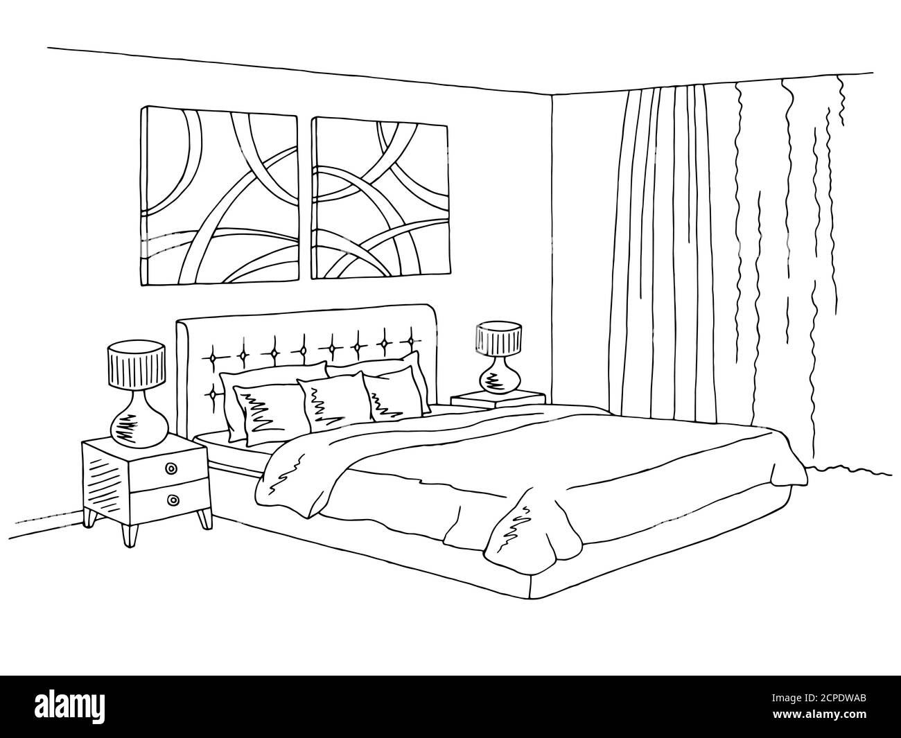 Эскиз интерьера спальни черно белый