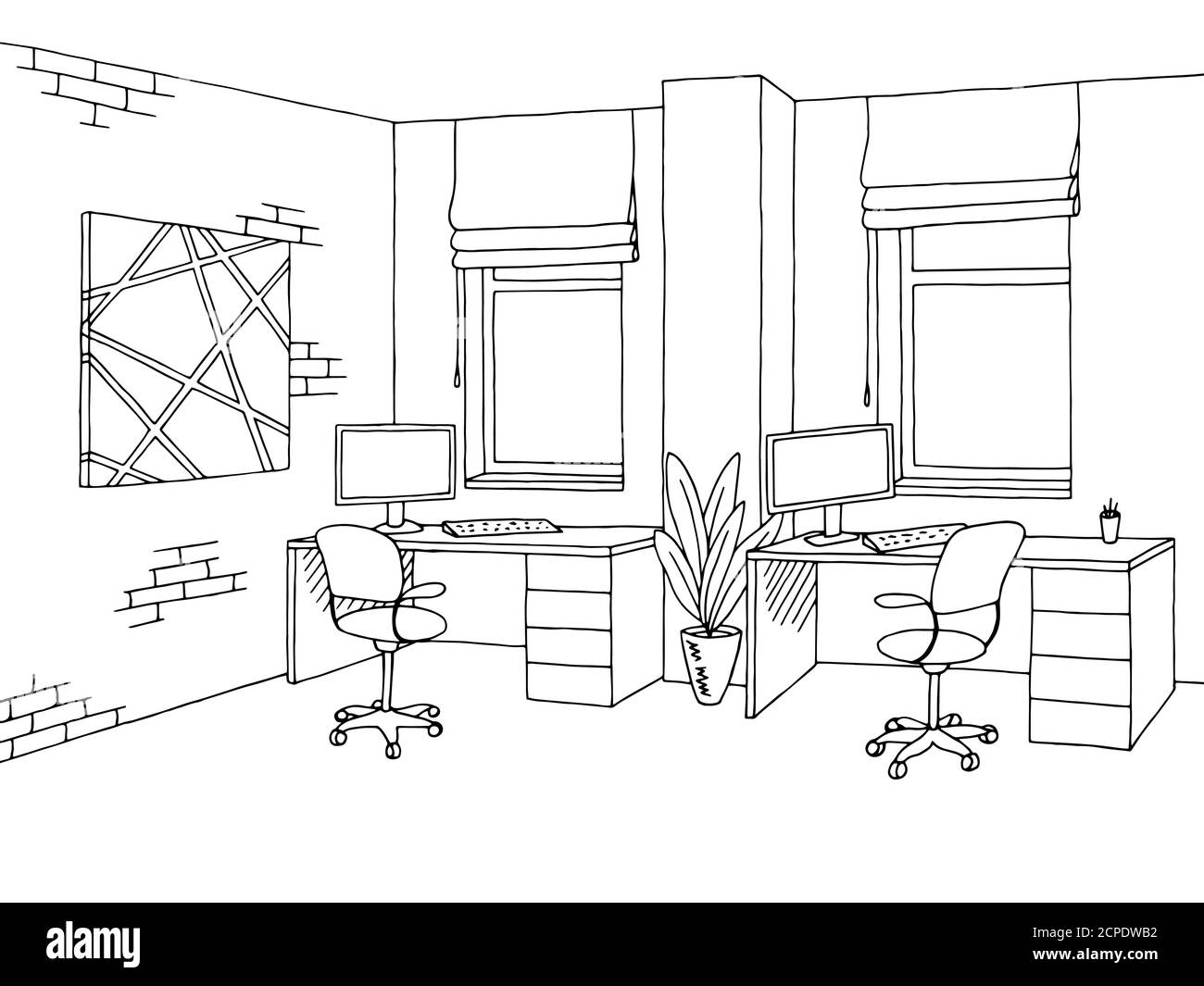 Office graphic interior black white sketch illustration vector Stock Vector