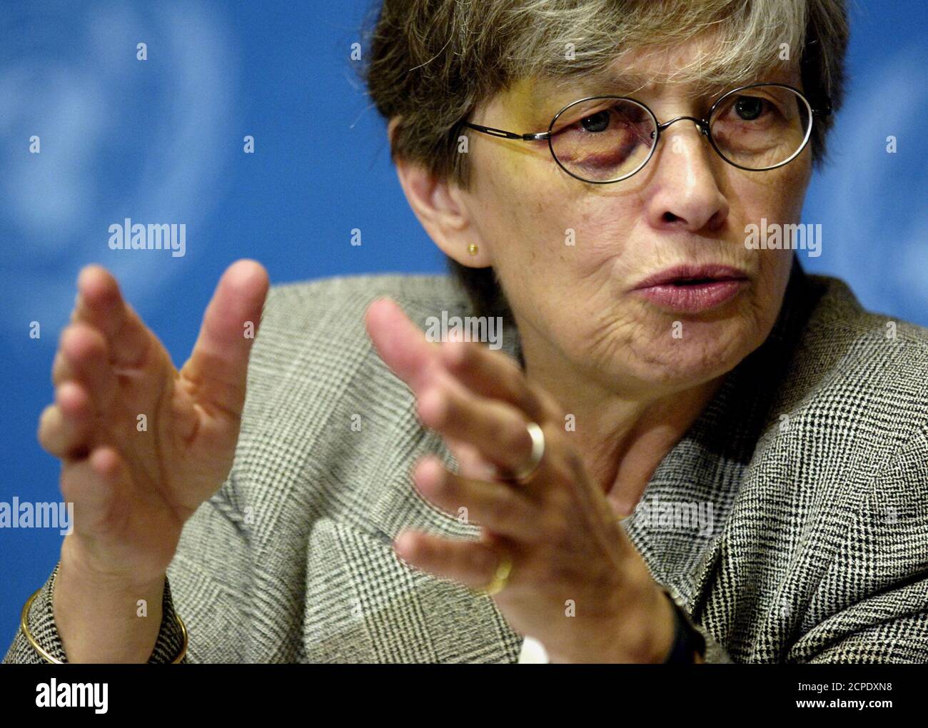 UNICEF's Executive Director Carol Bellamy launches a report on gender parity in primary school attendance at a news conference in Geneva.  UNICEF's Executive Director Carol Bellamy launches a report titled 'Progress for Children: A Report Card On Gender Parity And Primary Education' during a news conference at the United Nations European headquarters in Geneva, Switzerland, April 18, 2005. Bellamy, who will step down from office on April 30 after ten years at the head of the United Nations Children's Fund, pointed out that despite gains in girl's education worldwide, millions are still missing Stock Photo
