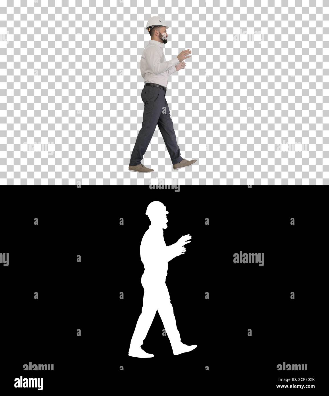 Engineer in hardhat walking and explaining something, Alpha Chan Stock Photo