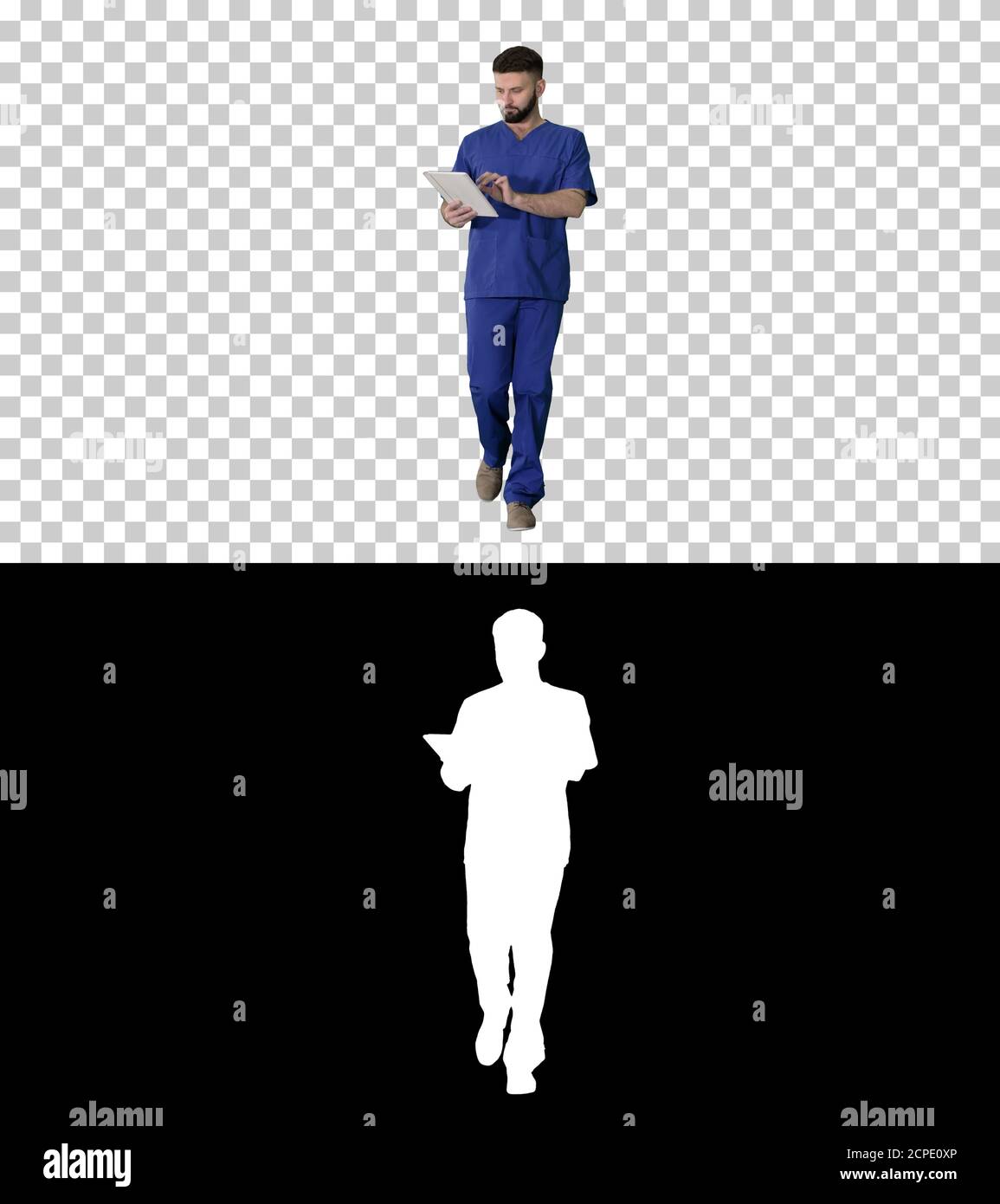 Confident concentrated focused surgeon using digital tablet, Alp Stock Photo