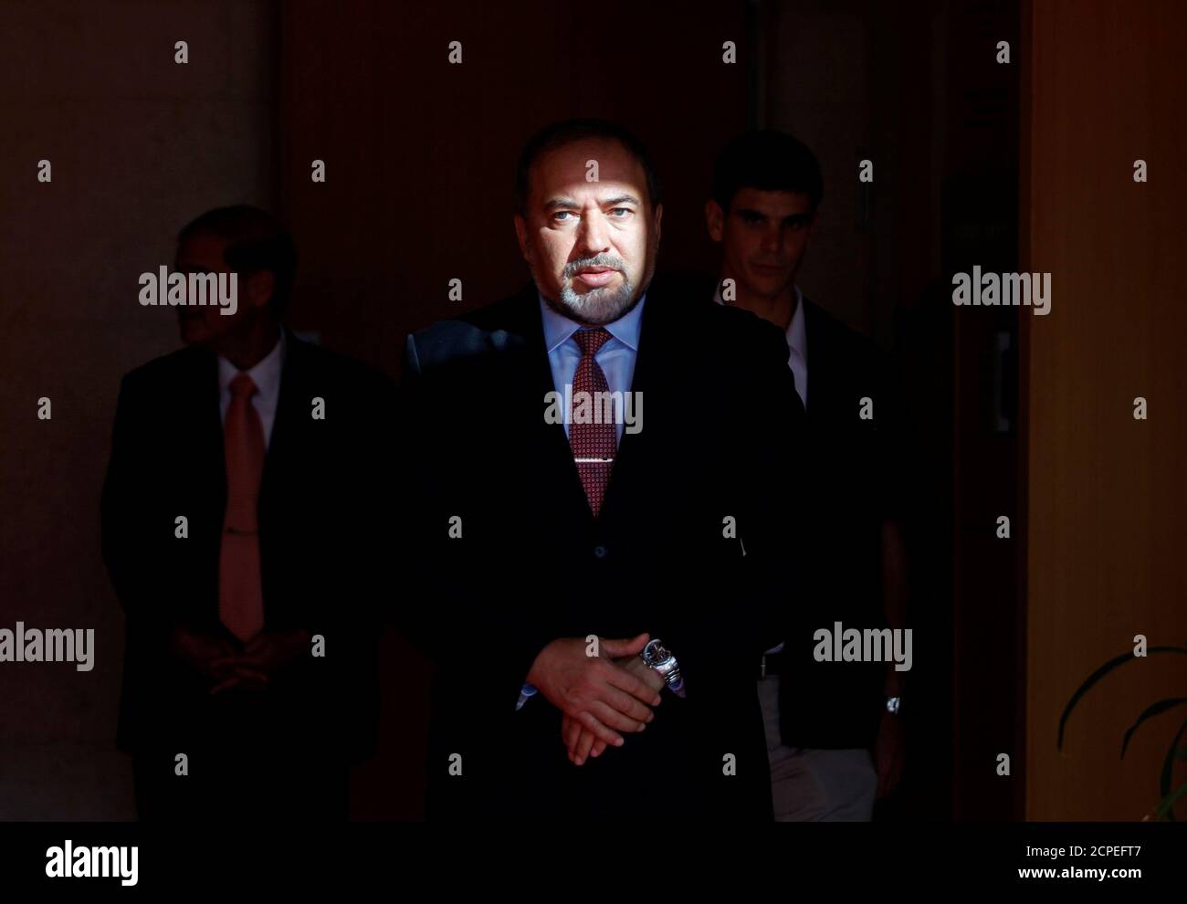 Israel's Foreign Minister Avigdor Lieberman waits for the arrival of European Union's Foreign Policy Chief Catherine Ashton to their meeting in Jerusalem August 29, 2011. REUTERS/Baz Ratner/File Photo Stock Photo