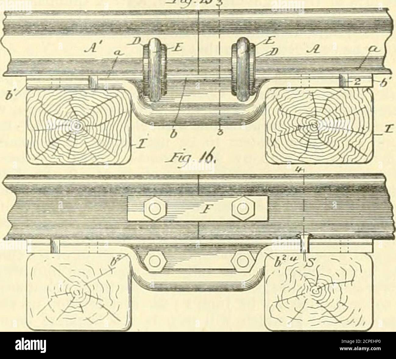 . The railroad and engineering journal . positionby the upper and lower riveting, as indicated. By makingthese pans of continuous pressed steel, as indicated, the weightc^ the front of the engine is lightened, which is a great advan-tage at that point, where weight is useless, and the fittings them-selves are superior, owing to their great strength, lightness, andcheapness. in.—lynds rail-joint. Mr. Ives Lynd, of Troy, N. Y., has patented the rail-jointillustrated by the engravings, which are so clear that they donot require any description. It is shown in figs. 12, 13, and14—fig. 12 being an Stock Photo