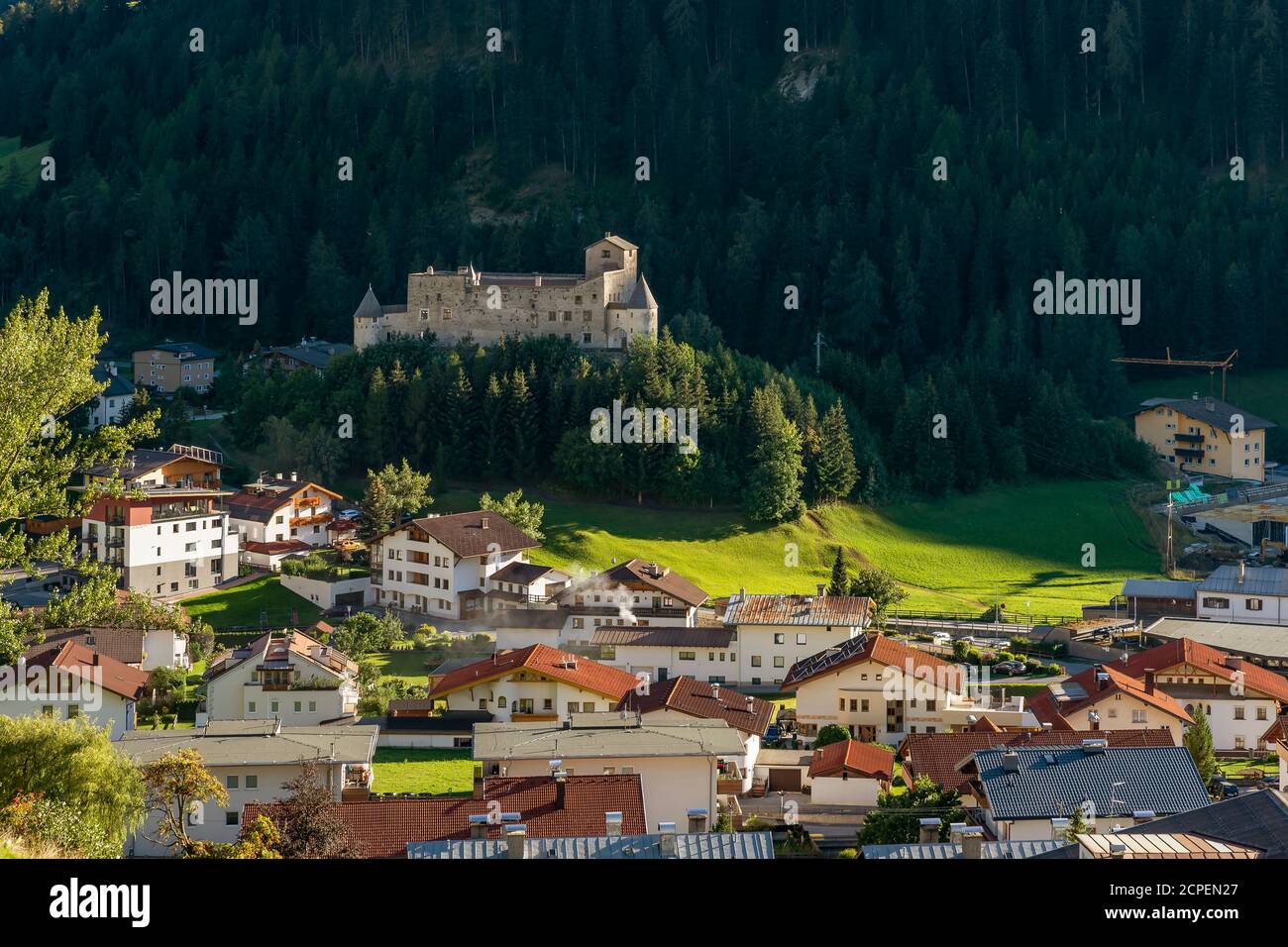 Aerial view of the historic center and Naudersberg castle in the Austrian Tyrol, near the border with Italy, Nauders, Austria Stock Photo