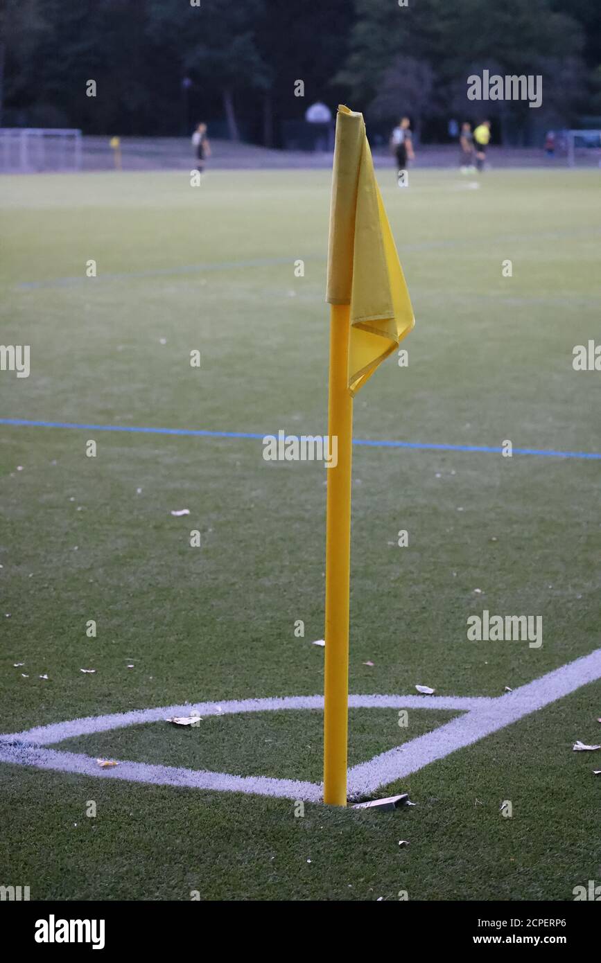 Cornerflag and lines in football stadion Stock Photo
