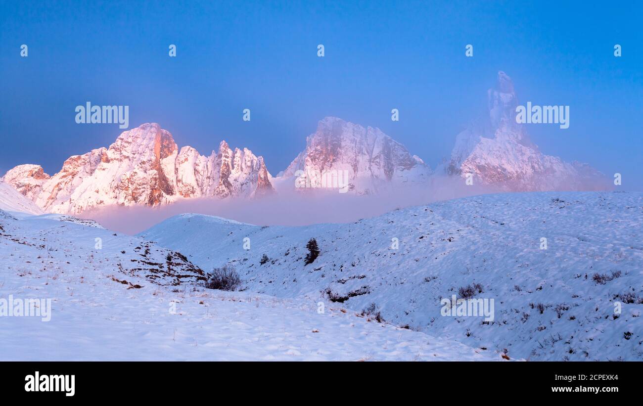 Passo Rolle, mountain group Pale di San Martino with Cimon della Pala. Trentino, Dolomites, Italy Stock Photo