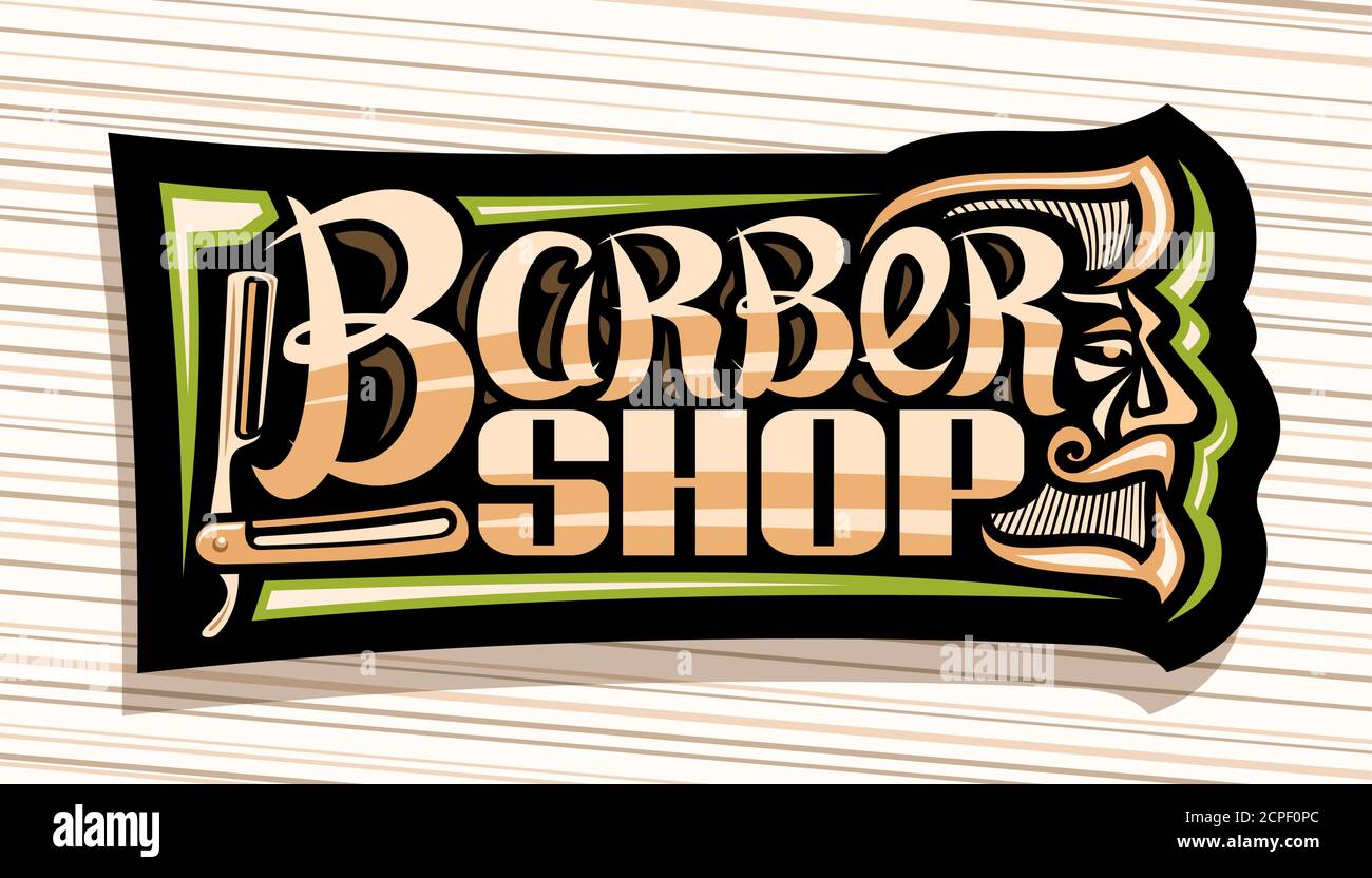 Vector logo for Barber Shop, dark decorative sign board with professional shaving straight razor, unique brush letters for words barber shop, signage Stock Vector