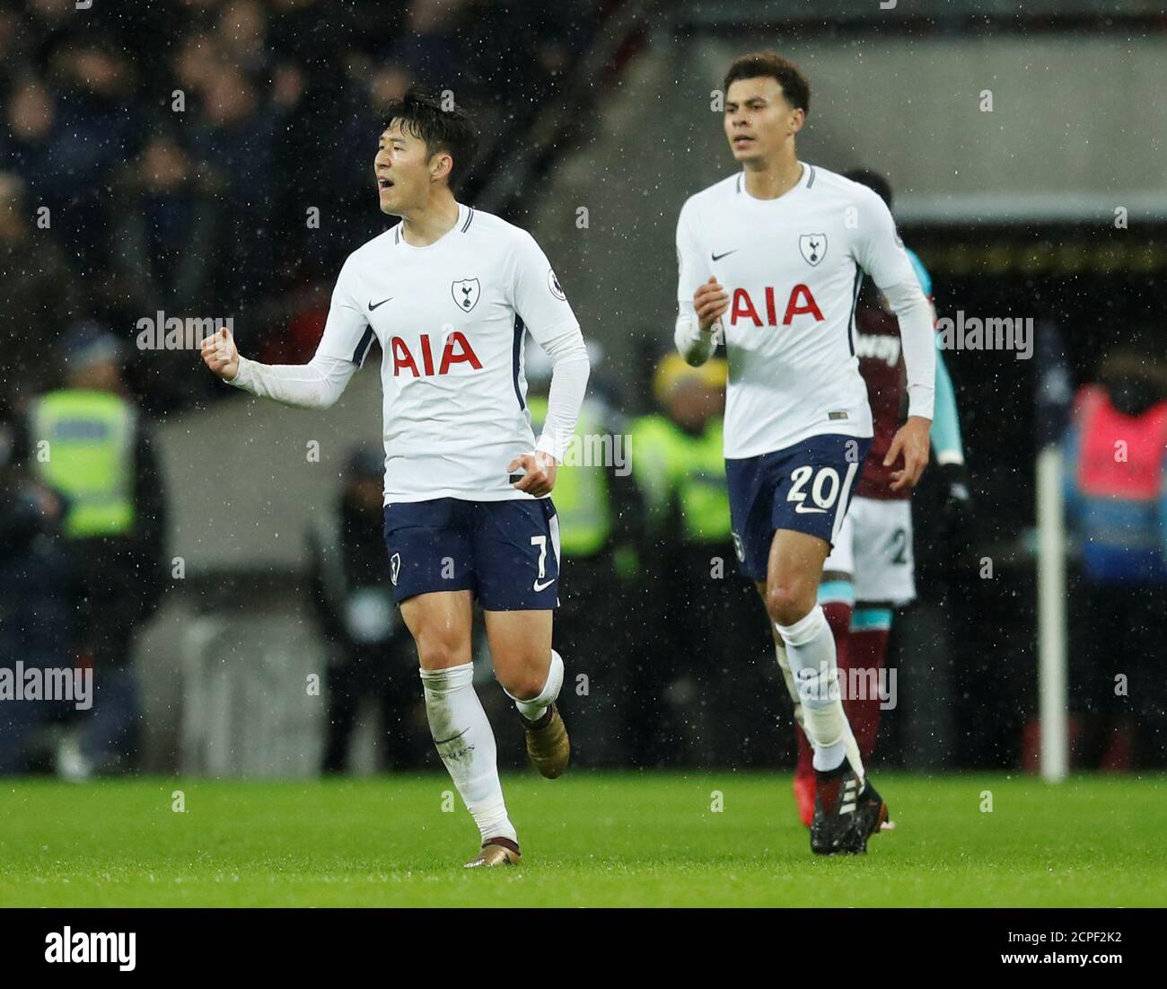Soccer Football - Premier League - Tottenham Hotspur vs West Ham United - Wembley Stadium, London, Britain - January 4, 2018   Tottenham's Son Heung-min celebrates scoring their first goal with Dele Alli   REUTERS/Eddie Keogh    EDITORIAL USE ONLY. No use with unauthorized audio, video, data, fixture lists, club/league logos or 'live' services. Online in-match use limited to 75 images, no video emulation. No use in betting, games or single club/league/player publications.  Please contact your account representative for further details. Stock Photo
