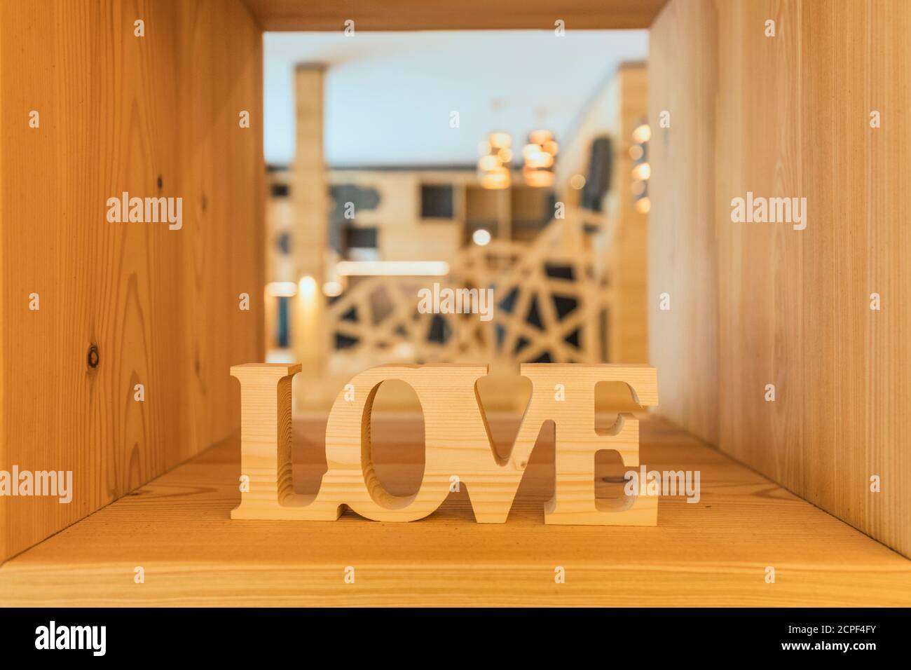 LOVE three-dimensional writing made with solid wood, decoration, furniture, wooden object Stock Photo