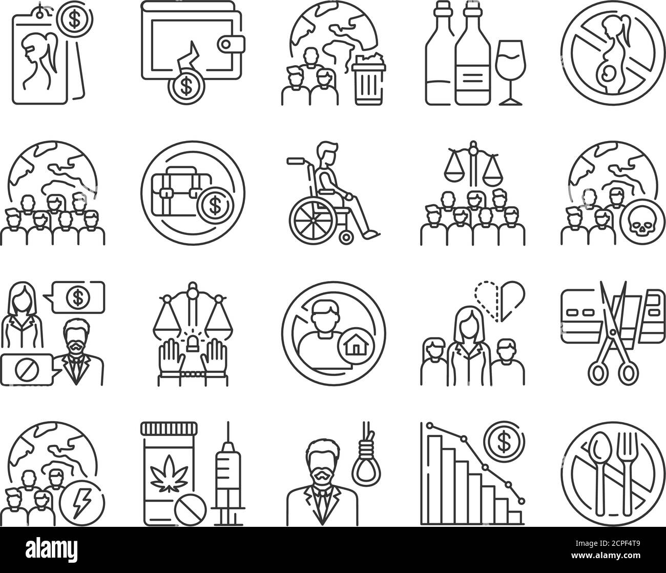 Social problem black line icon. Poverty, bankruptcy, inequality, disability, prostitution, planet pollution, suicide, parent single. Sign for web page Stock Vector