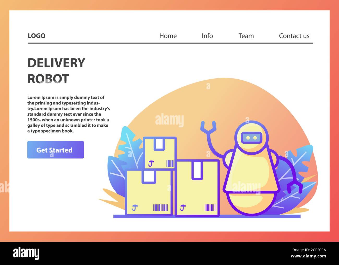 Landing page template. Robot courier. Artificial intelligence. Stock Vector