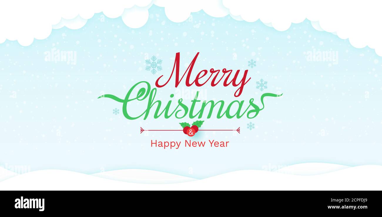 Merry Christmas and happy new year with snow falling from the sky and ...