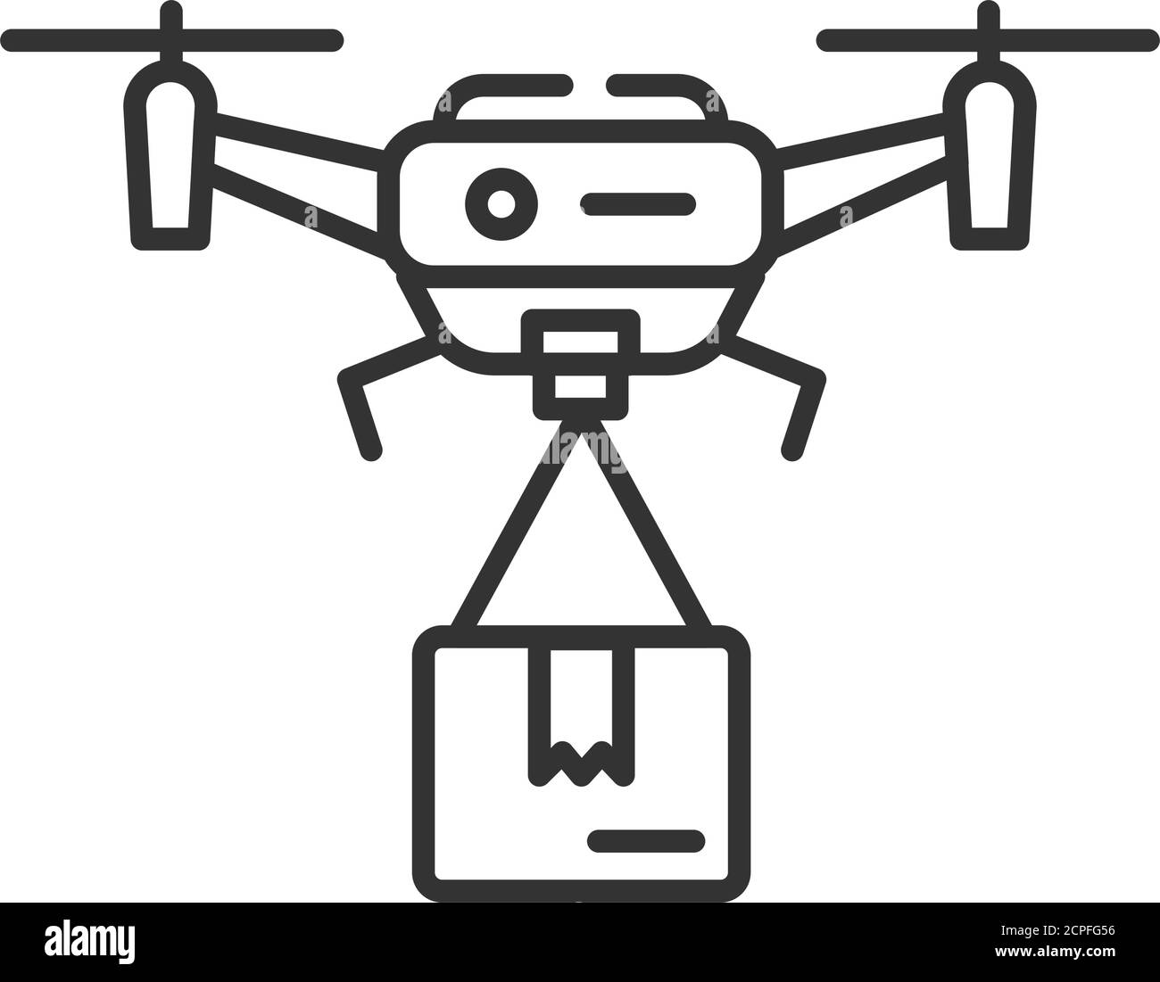 Drone delivery black line icon. Quadcopter carrying a package. Aircraft device concept. Sign for web page, mobile app, banner, social media. Editable Stock Vector