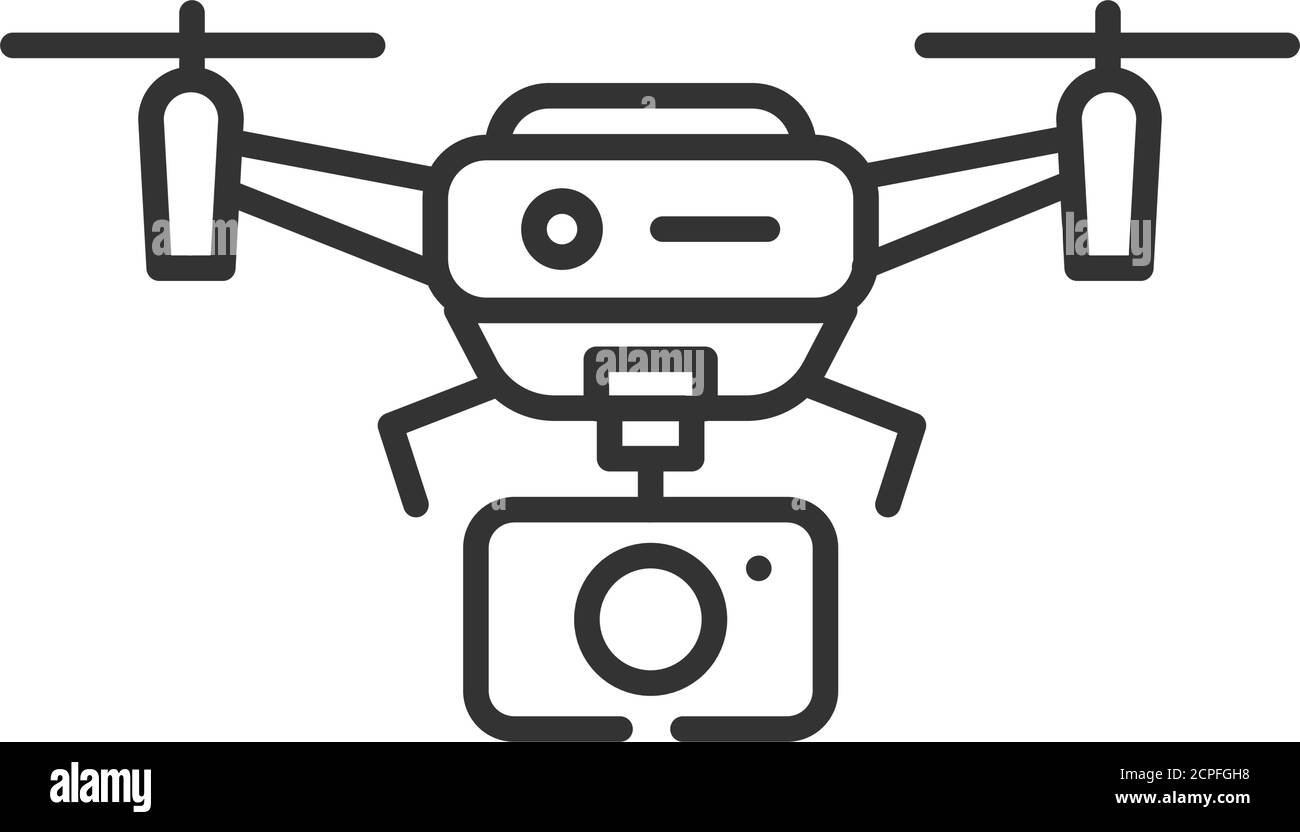 Drone with camera automatic unmanned control black line icon. Aircraft device concept. Video surveillance from a quadcopter, shots from a height. Sign Stock Vector