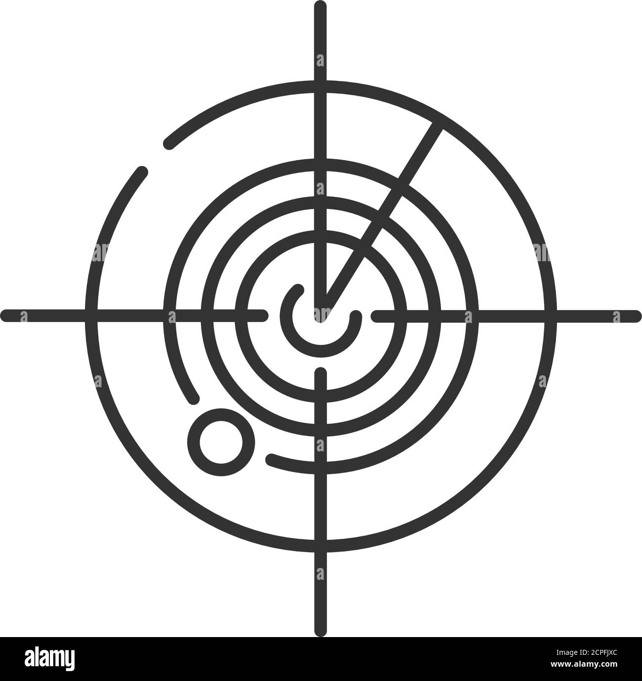 Radar black line icon. Marine or military radiolocating search system. Navy sonar. Detection screen. Location tracking. Sign for web page, mobile app Stock Vector