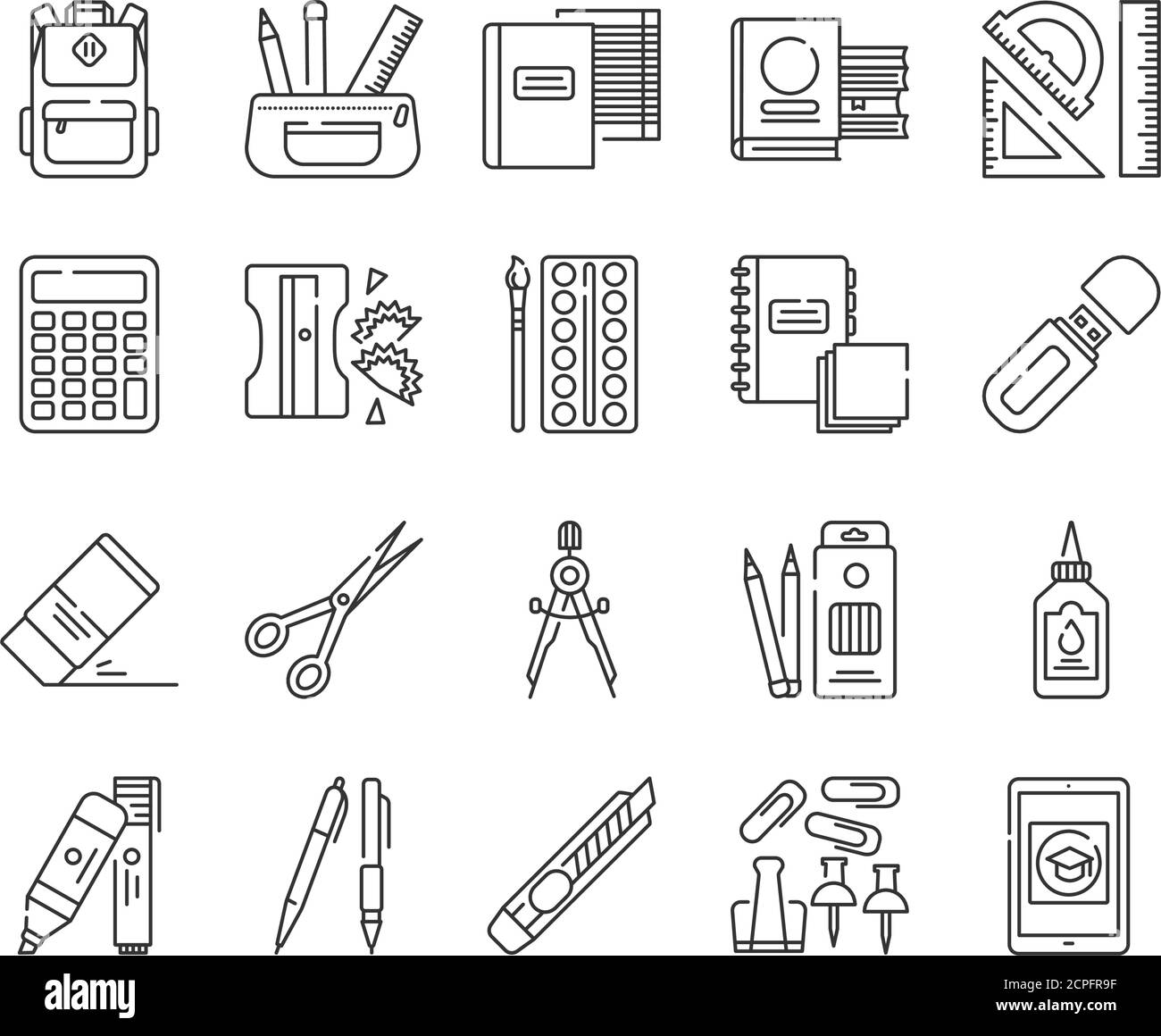 Stationery black line icons set. School, office supplies. Calculator, backpack, eraser, pens, e-learning, brush, flash drive, scissors, ruler Stock Vector