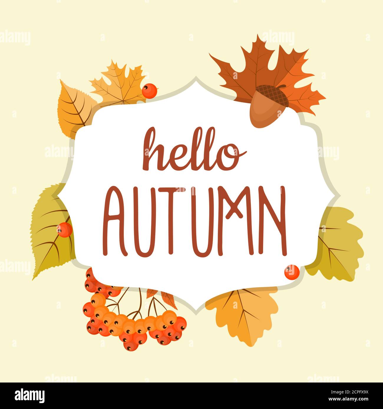 Abstract Hello Autumn Background with Falling Leaves, Rowan and Acorn. Vector Illustration Stock Vector