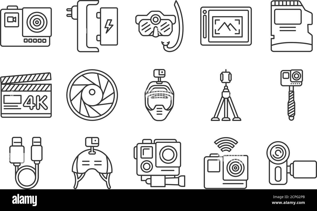 Action camera black line icons set. Electronic devices concept. Extreme ...
