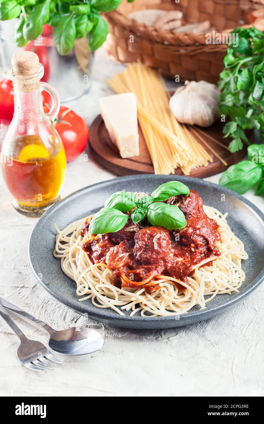Spaghetti pasta with meatballs and tomato sauce. Italian dish Stock ...
