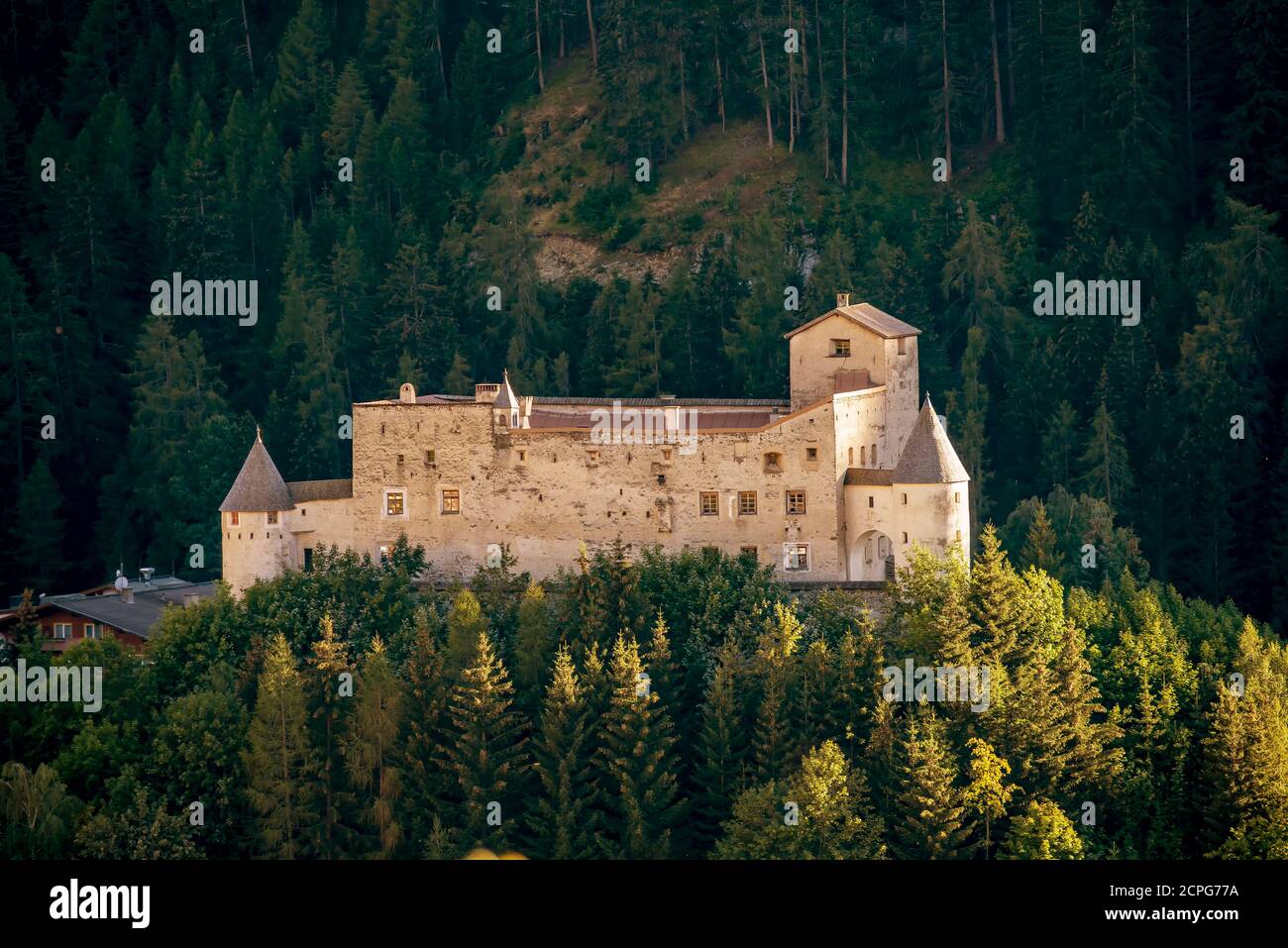 Aerial view of the ancient Naudersberg Castle in the Austrian Tyrol, near the border with Italy, Nauders, Austria Stock Photo