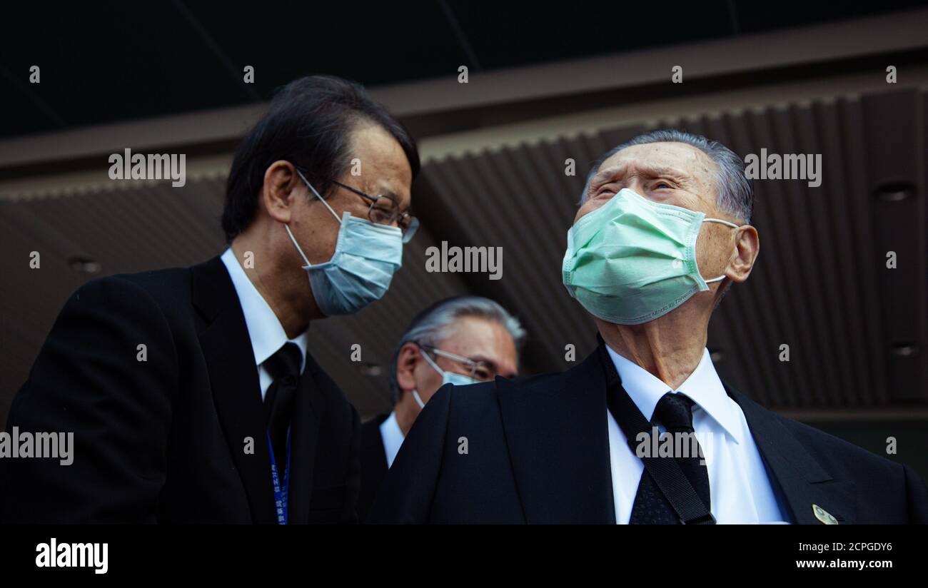 Taipei, Taiwan. 19th Sep, 2020. Japanese former Prime Minister, Yoshiro Mori (R) looks on while wearing a face mask during the press conference.Japanese former PM Yoshiro Mori answers questions from journalists at Taipei Songshan Airport before leaving Taiwan. Credit: SOPA Images Limited/Alamy Live News Stock Photo