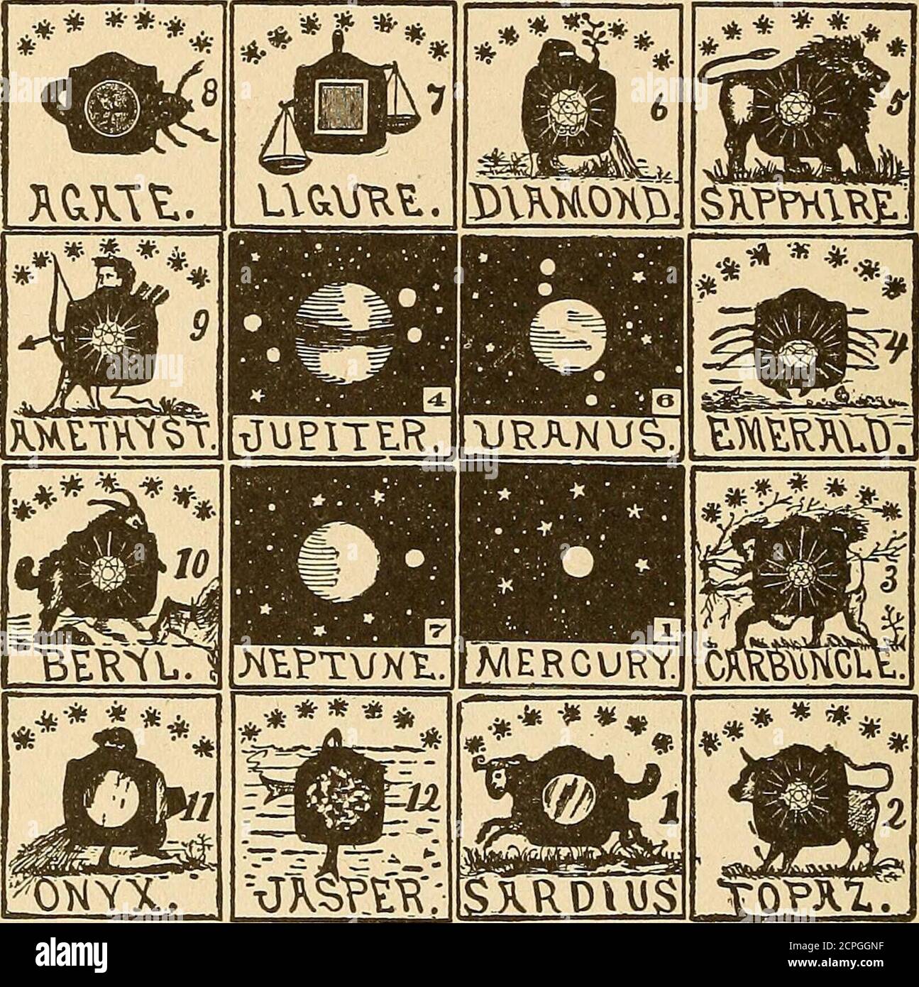 . The mystic test book; or, The magic of the cards. Giving the mystic meaning of these wonderful and ancient emblems in their relationship to the heavenly bodies, under all conditions; with rules and processes for reading or delineating the emblems . THE TWELVE DISCIPLES. Venus, in the heart quarter, representing love and friend-ship; Terra, the Earth, power under clubs; Neptune, repre-senting the diamond quarter, as a diamond ruler; Saturnagain signifying death. The next cut represents the twelve stones in the breastplate of the High Priest. There are just seven stones, ruledby the seven plan Stock Photo