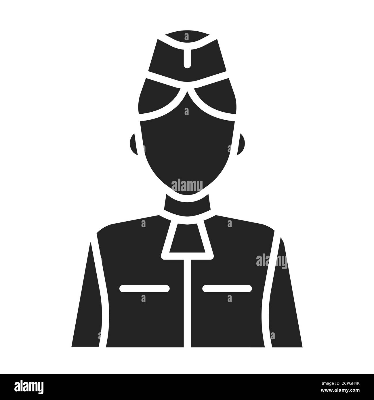 Stewardess black glyph icon. Member of an aircrew employed by airlines aboard commercial flights. Pictogram for web page, mobile app, promo. UI UX GUI Stock Vector