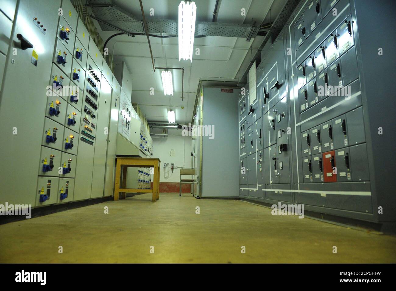 The main generator room is seen in a former Regional Government HQ Nuclear bunker built by the British government during the Cold War which  has come up for sale in Ballymena, Northern Ireland on February 4, 2016. It is owned by the Office of Northern Ireland's First Minister and Deputy First Minister and capable of accommodating 236 personnel for extended periods. A large range of the original fixtures and fittings are to be included in the sale. It is believed to be one of the most technically advanced bunkers built in the UK with an array of advanced life support systems. In the event of a  Stock Photo