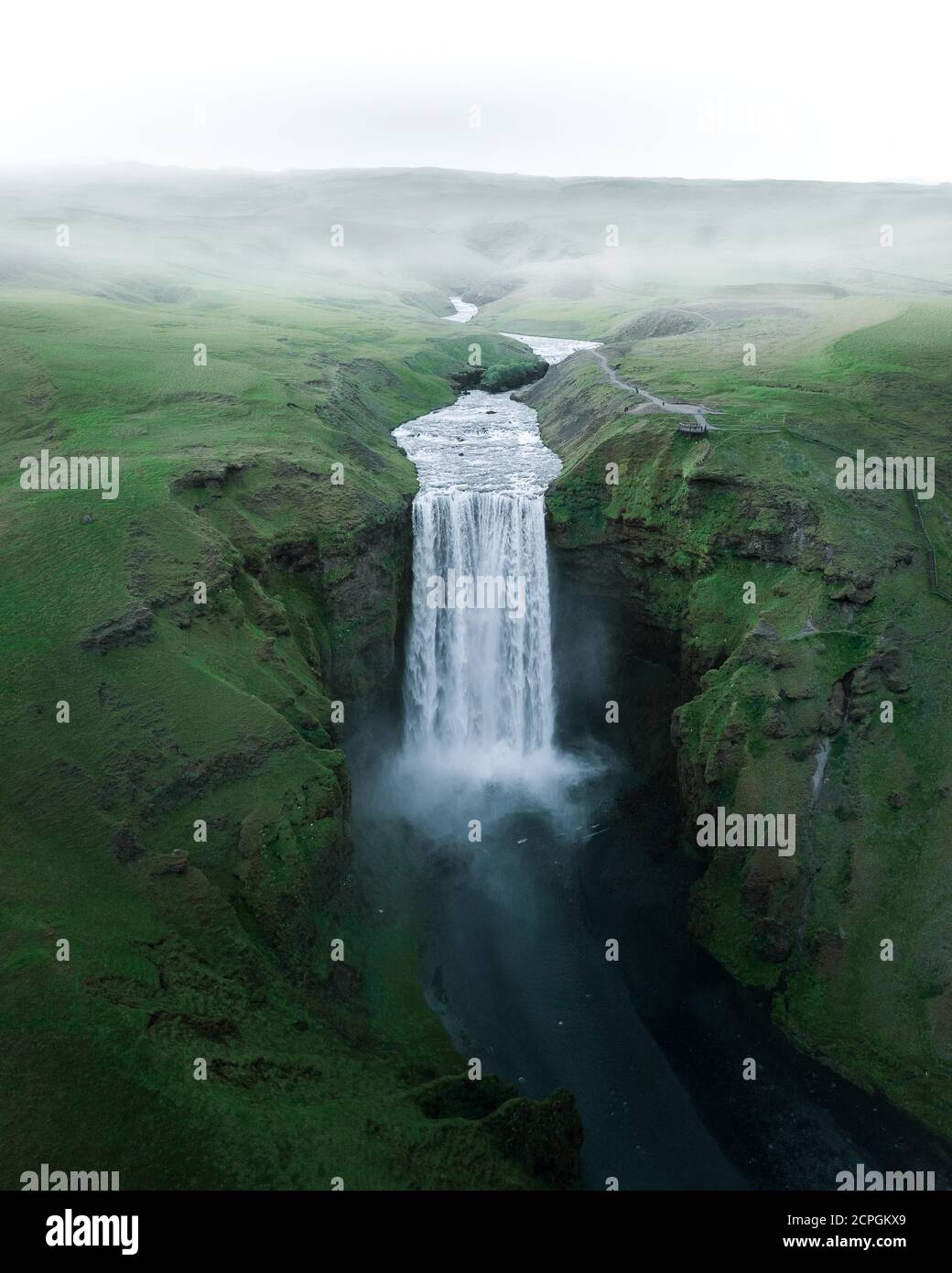 Aerial view, Skógafoss waterfall, Skogar, Sudurland, Southern Iceland, Iceland, Europe Stock Photo