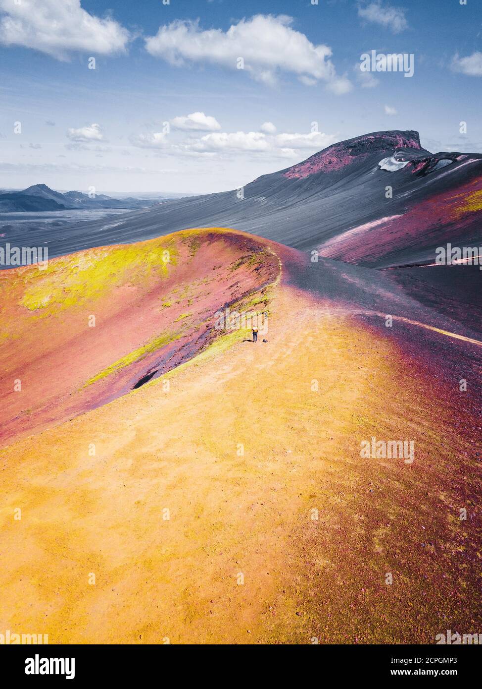 Aerial view, volcano, crater rim with yellow sulphur, near Friðland að Fjallabaki, Iceland, Europe Stock Photo