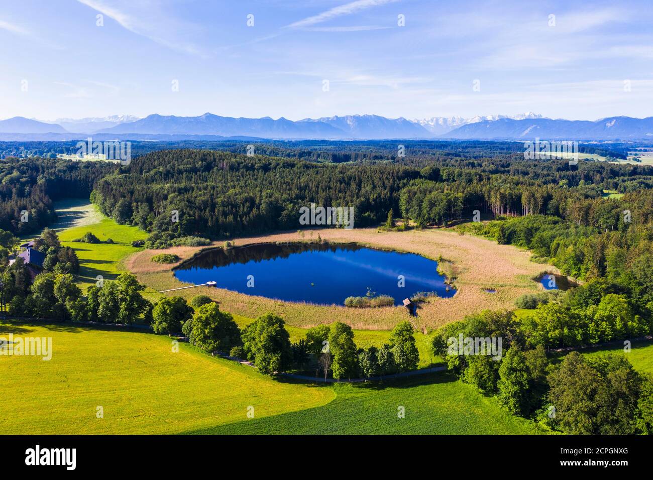 Rothsee, near Weilheim, Pfaffenwinkel, foothills of the Alps, drone recording, Upper Bavaria, Bavaria, Germany, Europe Stock Photo