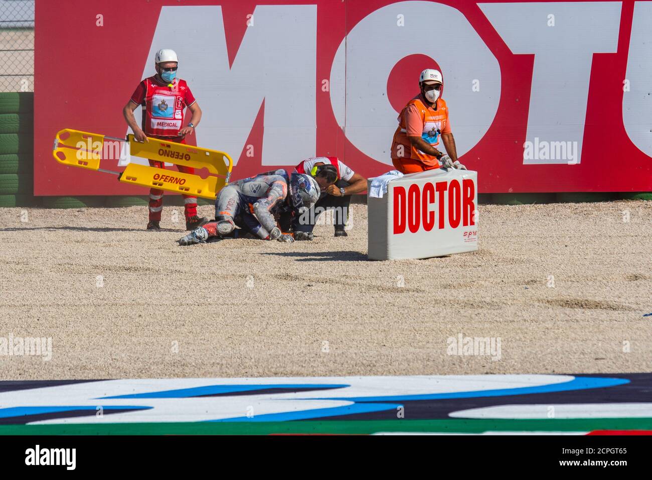 Rimini, Italy. 19th Sep, 2020. Misano Marco Simoncelli World Circuit, misano adriatico (rn), Italy. 19th Sep, 2020. Crash of MIGUEL OLIVEIRA - RED BULL KTM TECH 3 during Grand Prix of San Marino and Riviera di Rimini - Free practice 3, MotoGP World Championship - Credit: LM/Alessio Marini/Alamy Live News Stock Photo