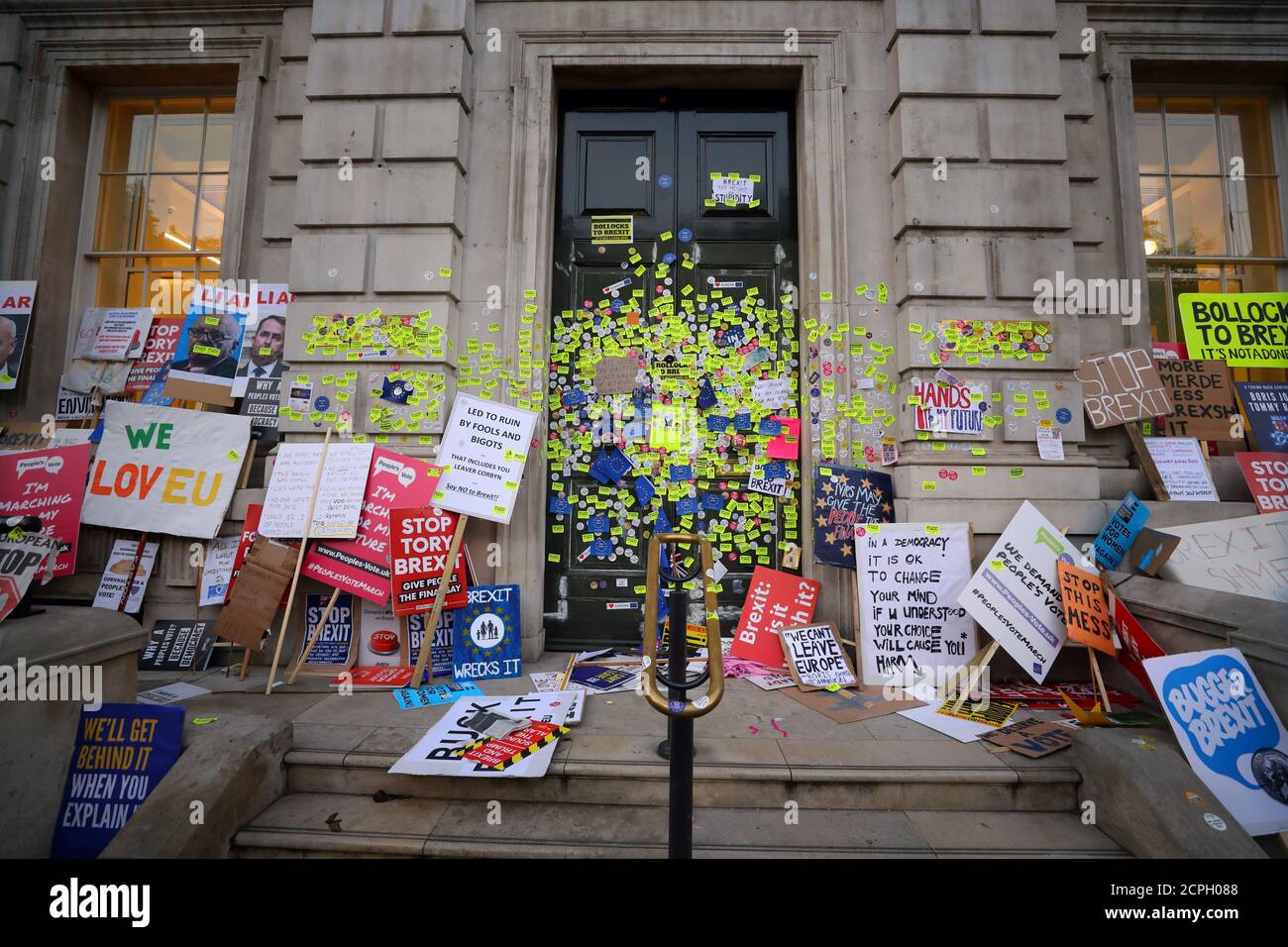 Stickers are seen attached to the Cabinet Office exterior door after an anti-Brexit march through central London, Britain October 20, 2018. REUTERS/Simon Dawson Stock Photo