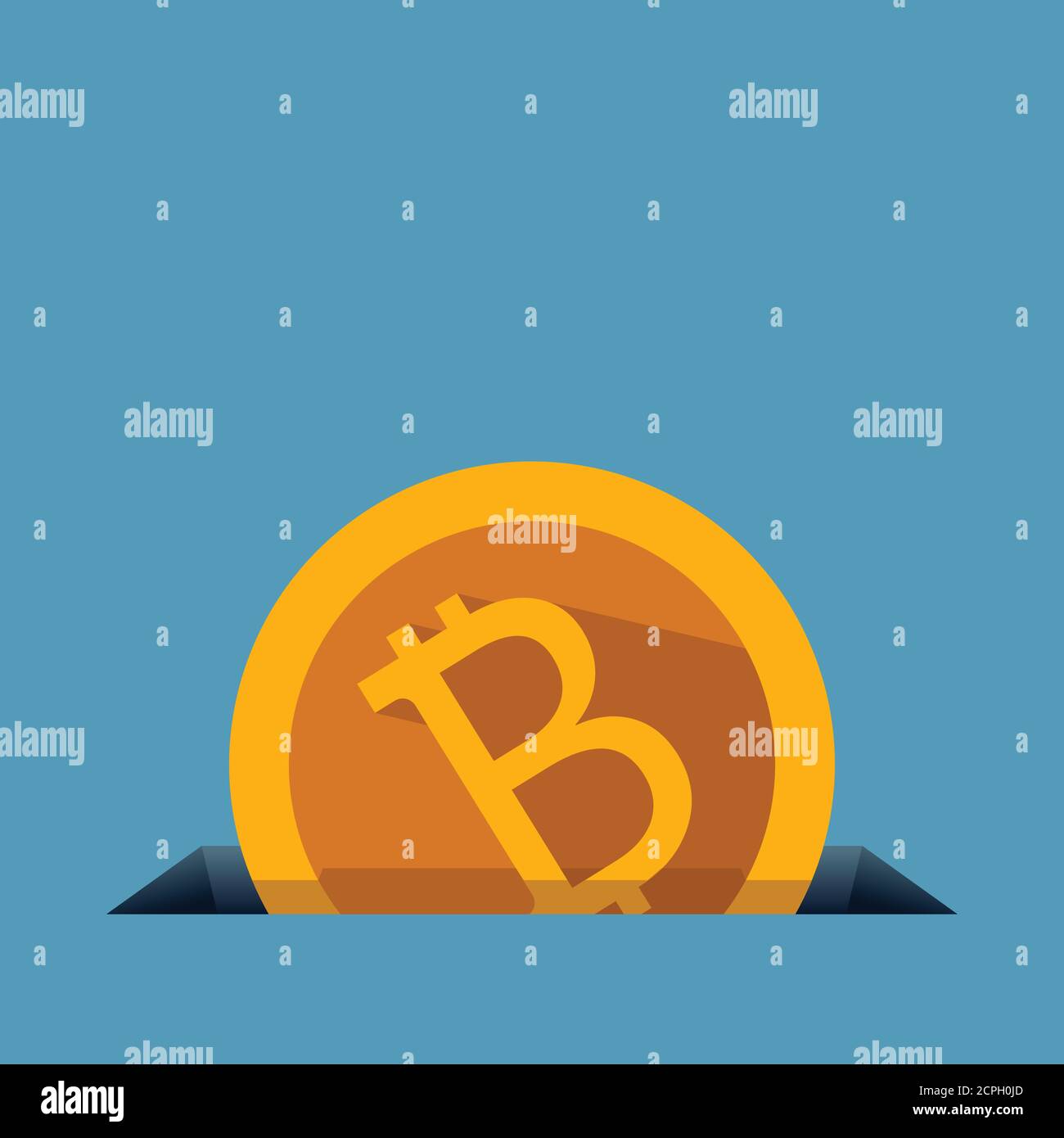 golden bitcoin falling in hole on blue Stock Vector