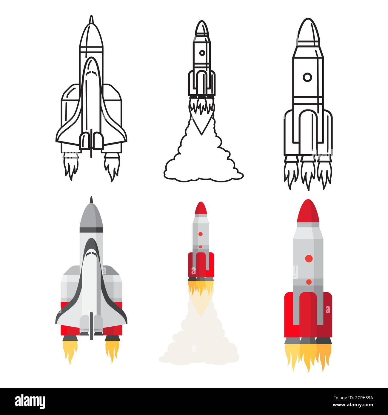 Cartoon and doodle line space rockets set vector illustration. Rocket spacecraft, ship and spaceship Stock Vector