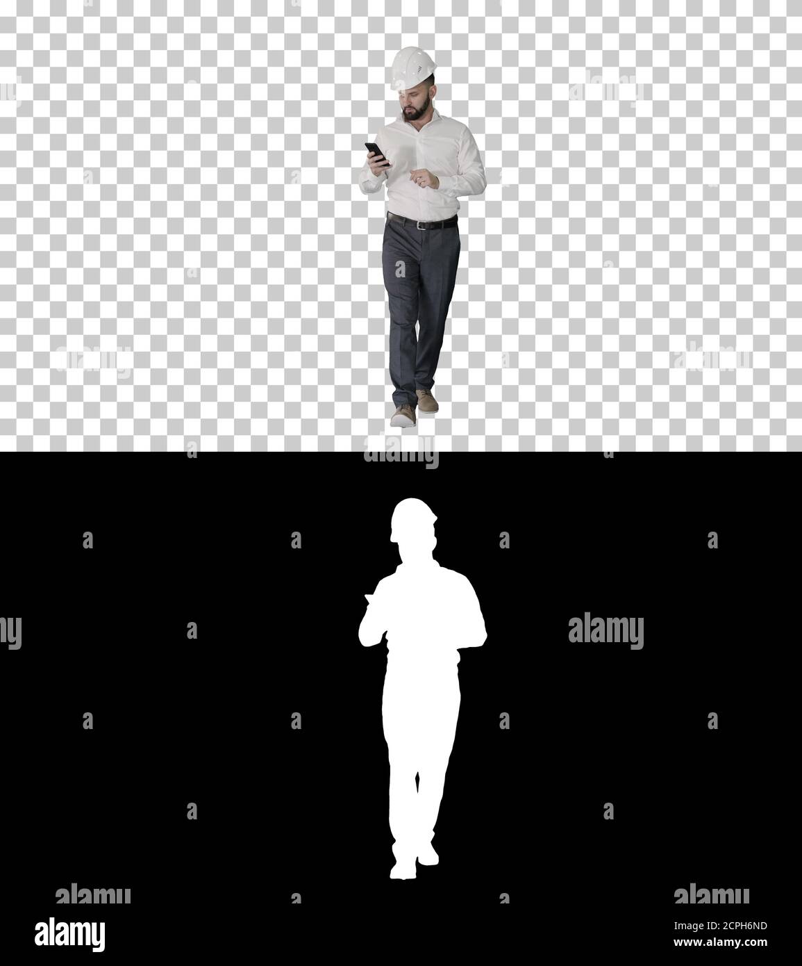 Engineer walking and using smartphone, Alpha Channel with Silhou Stock Photo
