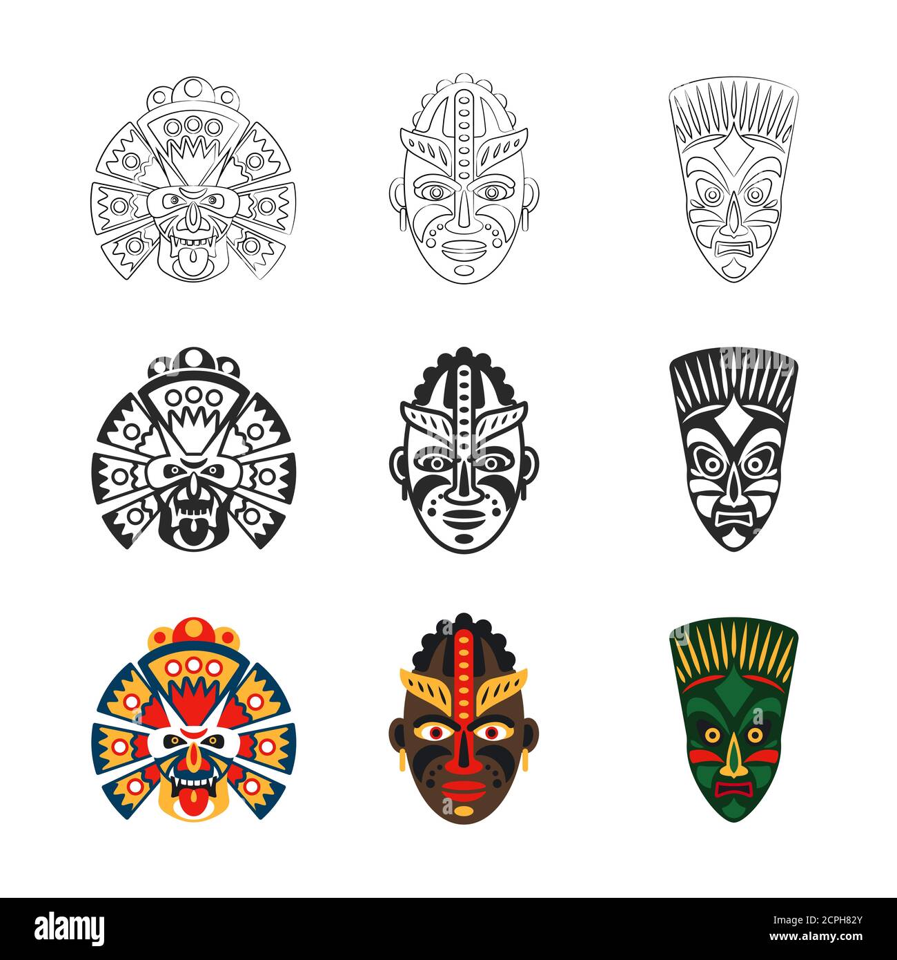 Outline, silhouette and colorful tribal african mask icons set, vector illustration Stock Vector