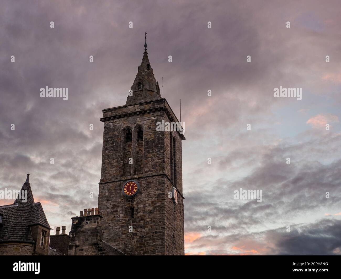 Night-Time St Salvators Chapel Spire, St Salvators Chapel, University of St Andrews, St Andrews, Fife, Scotland, UK, GB. Stock Photo