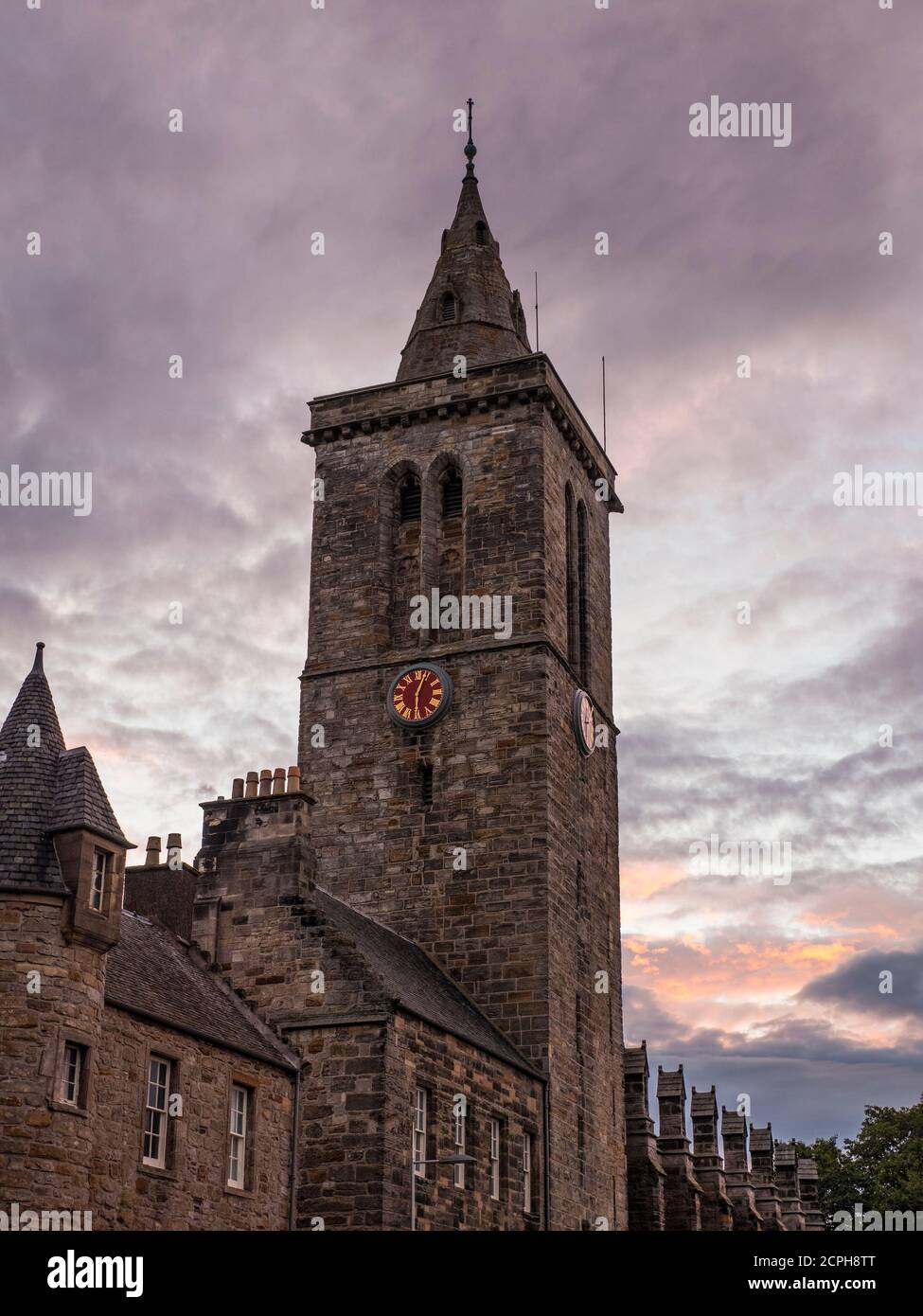 Night-Time St Salvators Chapel Spire, St Salvators Chapel, University of St Andrews, St Andrews, Fife, Scotland, UK, GB. Stock Photo