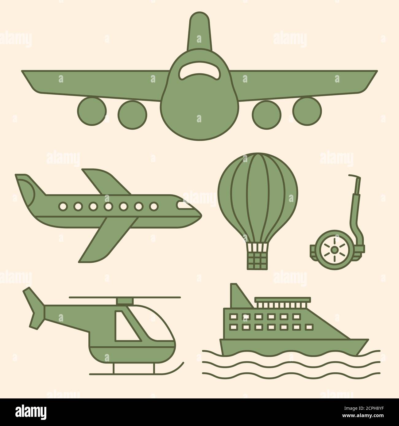 Air balloon, ship, airplane vintage vector icons on beige backdrop Stock Vector