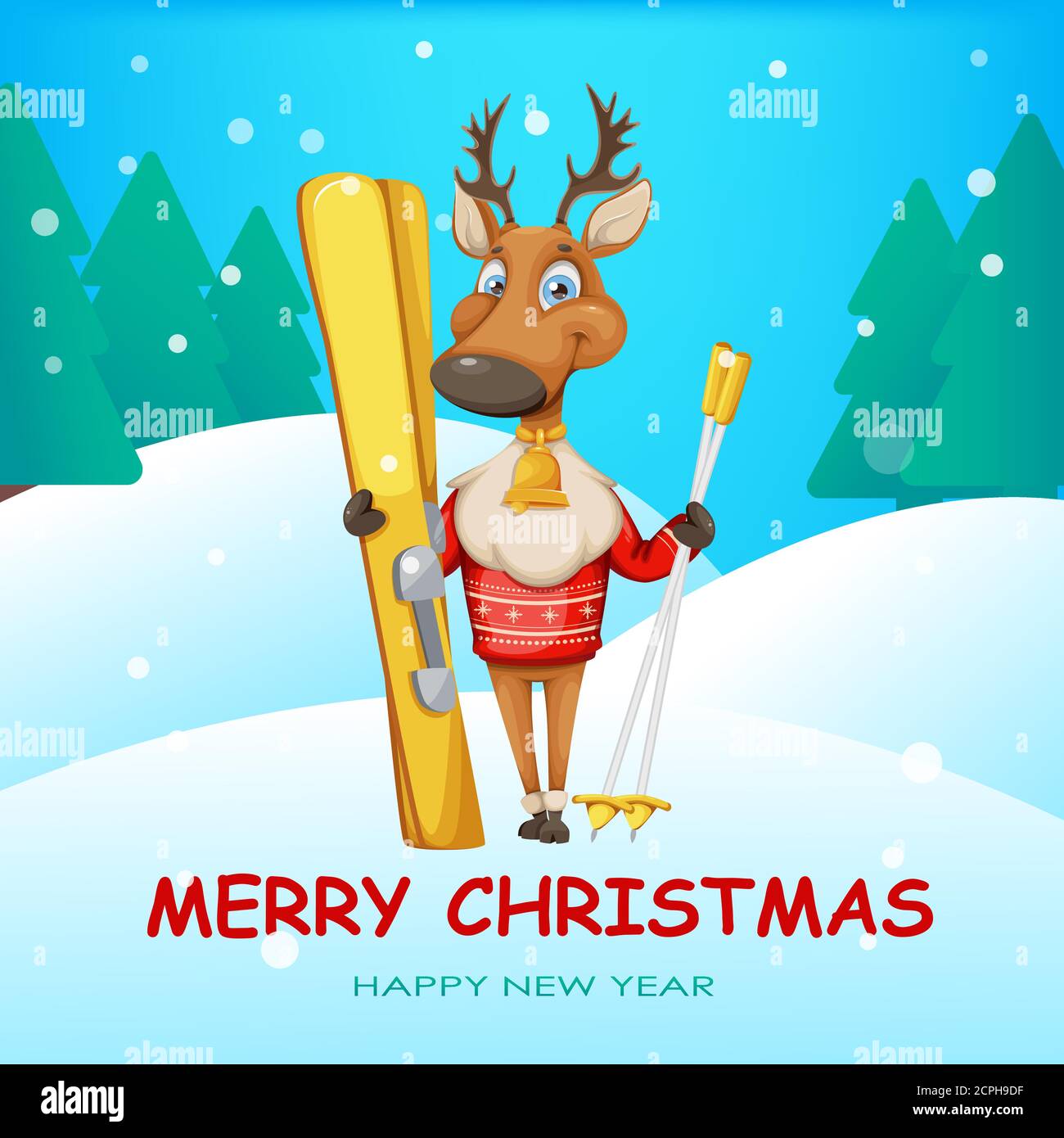 Merry Christmas and Happy New Year greeting card. Cute deer cartoon ...